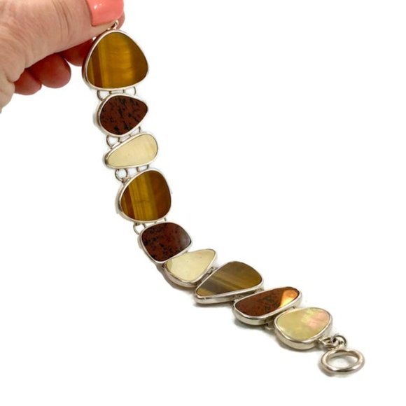 Stone Bracelet, Sterling Silver, Tiger Eye, Red, Jasper, MOP, Pearl, Vintage - Picture 1 of 6